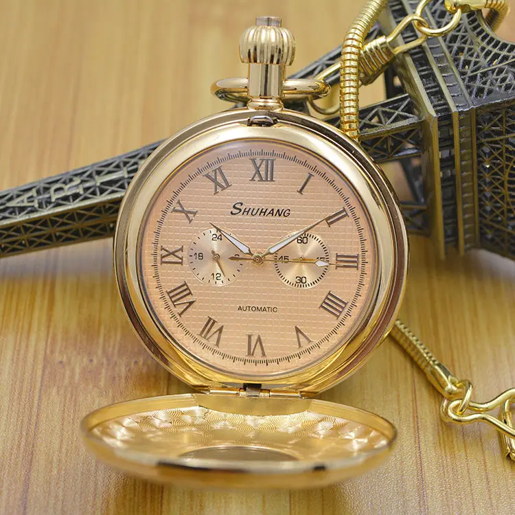 

Pure Cooper 3 Dials Wind Up Mechanical Mens Pocket Watch W/ Snake Chain Hollow Case Steampunk Watch