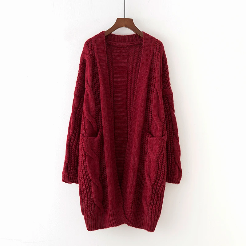 wine red PEONFLY осень зима женские длинные кардиганы открытый стежок большой карман твист длинный вязаный джемпер оверсайз трикотаж длинная куртка пальто - Цвет: wine red