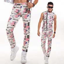 Этап личности мужчин Штаны кожаные брюки мужские брюки певица Танцы принтом флаг мужские панталоны улица звезда стиль новинка моды