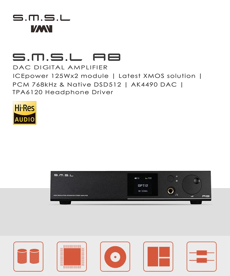 SMSL A8 ICEpower 125W Hifi Audio Digital USB DAC+Headphone Amplifier+Power Amp+Decoder DSD AK4490+TPA6120 All-in-one Machine