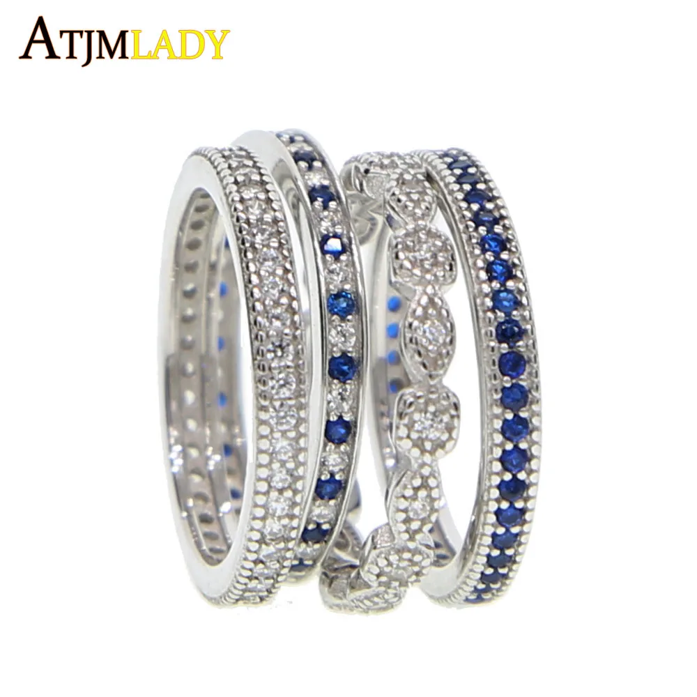 

top quality clear blue cubic zirconia engagement band 4 pcs stack stackable women finger 925 sterling silver eternity cz ring