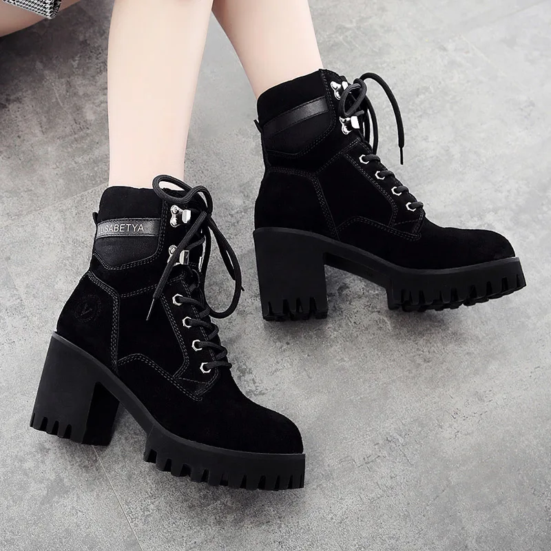 Smile Circle big size 33-43 Suede Leather Chunky Boots Women High Heel Shoes Autumn Winter Lace-up Lady Shoes platform boots