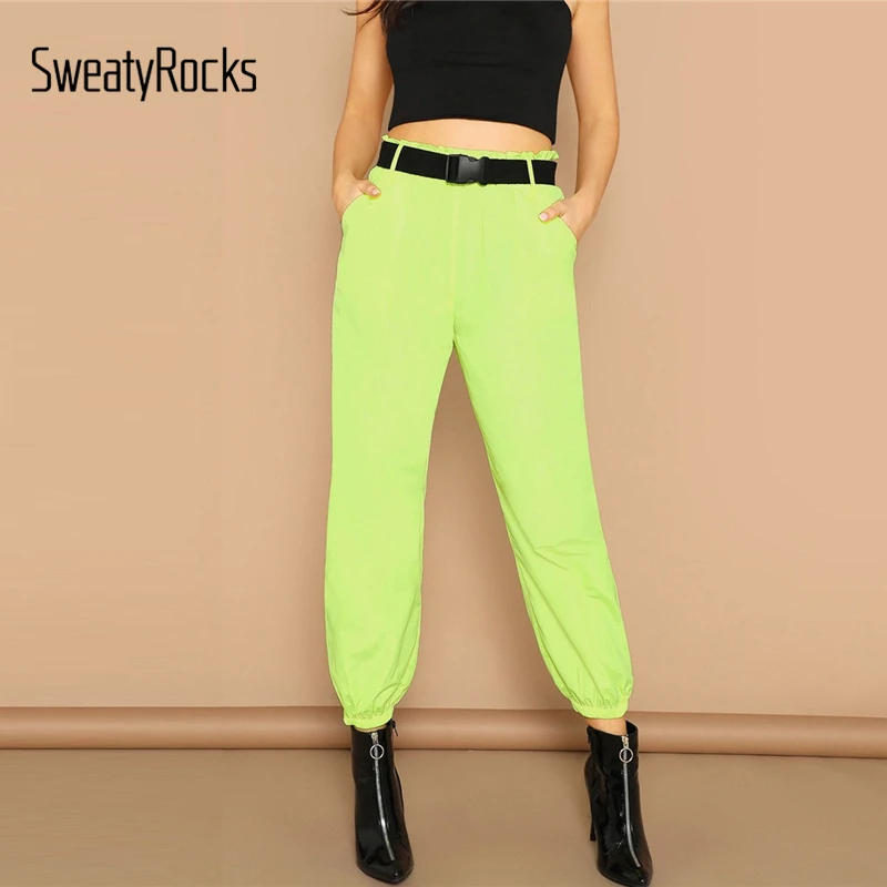 

SweatyRocks Neon Lime Elastic Edge Pants With Push Buckle Belt Streetwear Tapered Pants 2019 Spring Women Frill Waist Sweatpants
