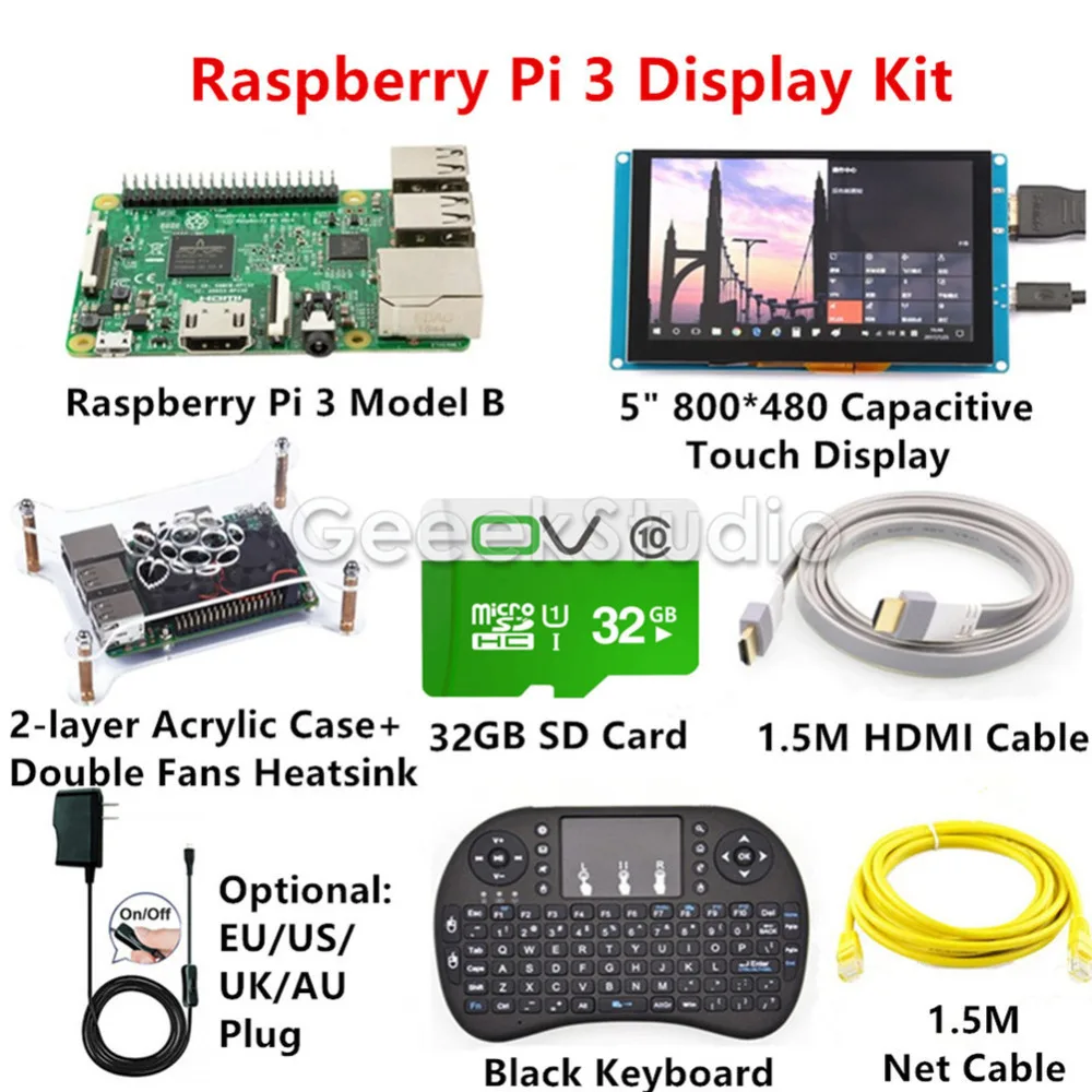 Raspberry Pi 3 Дисплей комплект с 5 дюймов 800*480 емкостный Сенсорный экран монитора + 16 ГБ карты + 5 В 2.5A EU/US/UK/AU Мощность + клавиатура