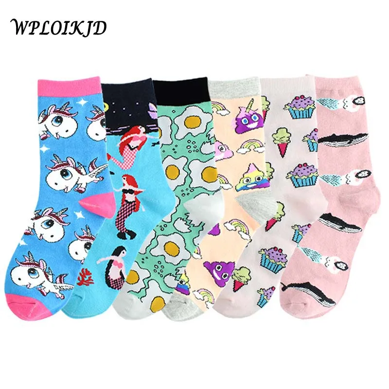 

[WPLOIKJD]Creative Funny Horse Mermaid Egg Ice Cream Cake Rainbow Pattern Harajuku Socks Calcetines Hombre Divertido Skarpetki