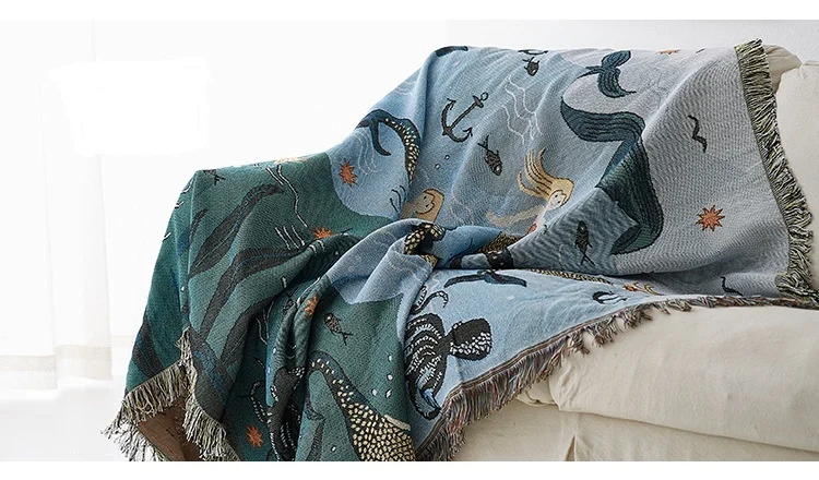 Mermaid &Sea Animal Fringed Blanket Tapestry Sofa Cover Bed ArmChair Throw Cover Mermaid &Sea Animal Fringed Blanket Tapestry Sofa Cover Bed ArmChair Throw Cover