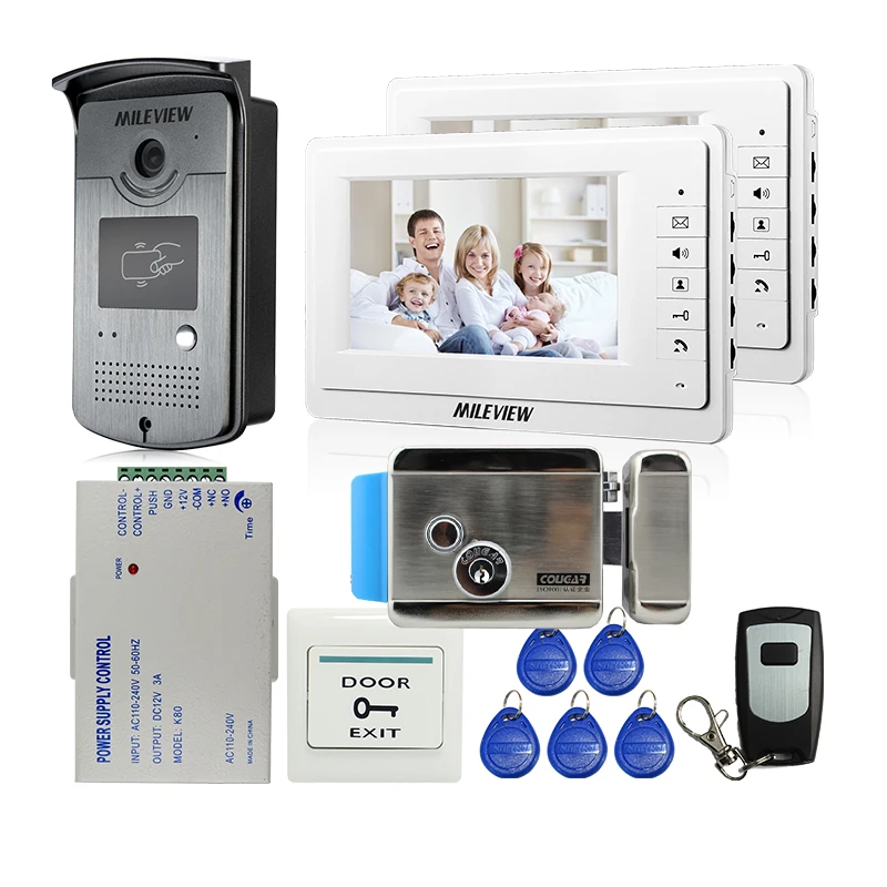 

MILEVIEW 7" Color Screen Video Door Phone Doorbell intercom System 2 Monitors + RFID Camera Electric lock + Remote FREE SHIPPING