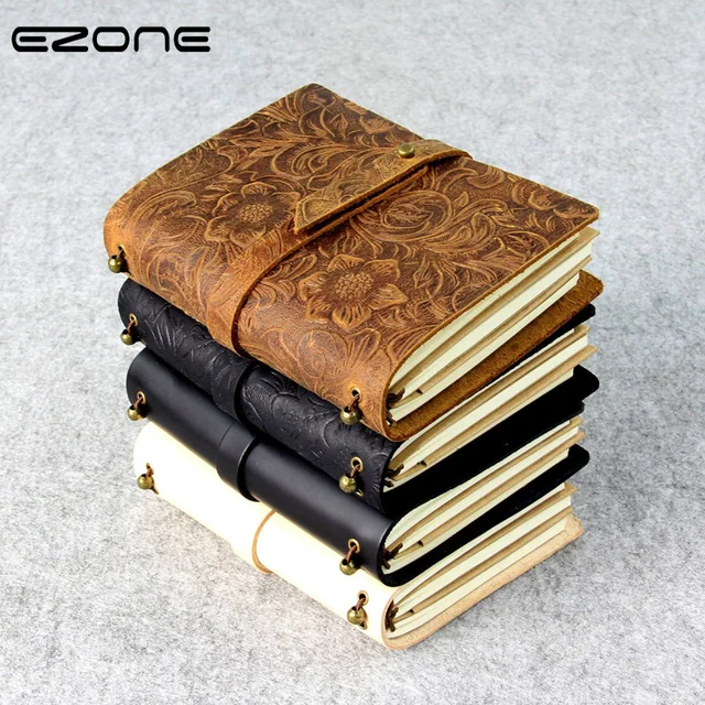 EZONE Carved Flower Cowhide Notebook Genuine Leather Cover Note Book