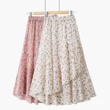 Женская шифоновая юбка Новая летняя Тонкая Повседневная эластичный Цветочный Пояс с принтом Длинные Юбки Женская неравномерная Базовая пляжная юбка