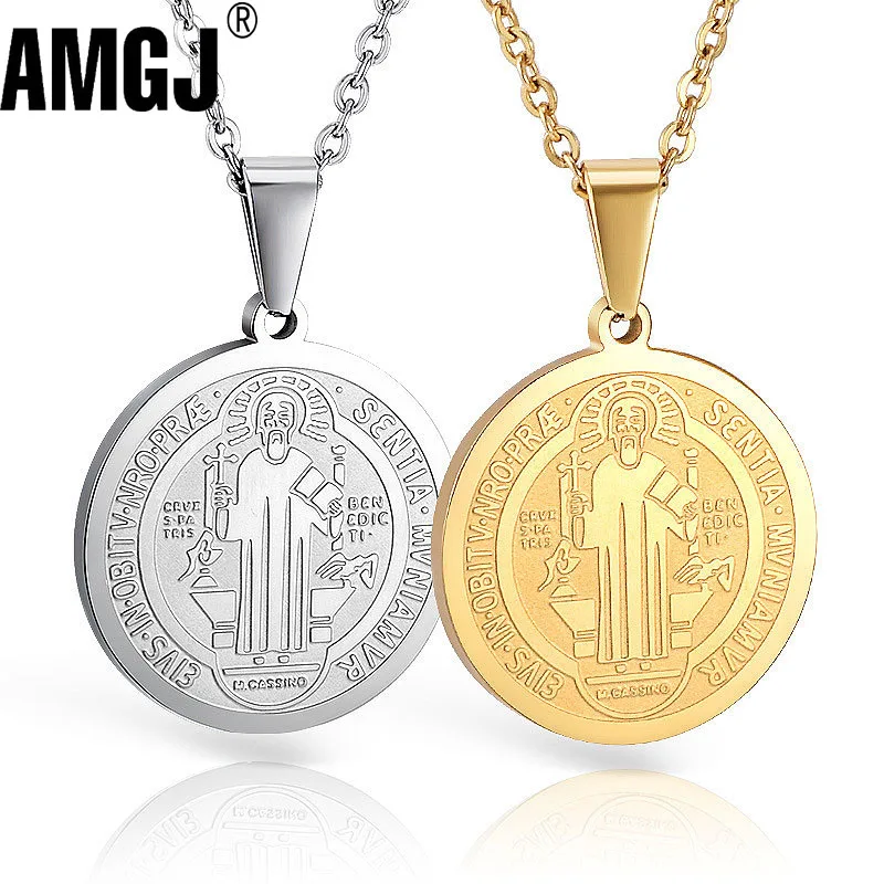 

Religion Necklace Jewelry Saint Benedict Medal Pendant Necklace Gold Color Round Stainless Steel Catholic Church Cross Necklaces