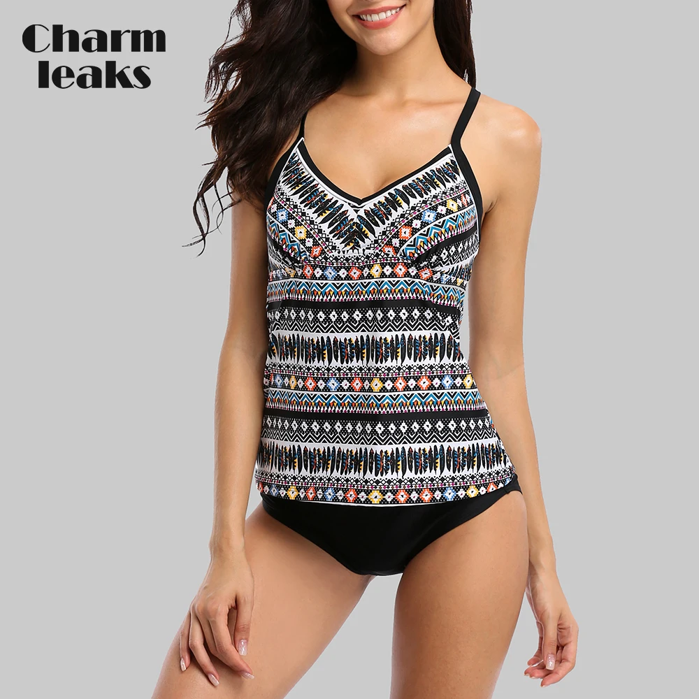 Online Charmleaks Frauen Tankini Set Zwei Stück Bademode Vintage Floral Gedruckt Bademode Zurück Kreuz Badeanzug Beachwear badeanzug