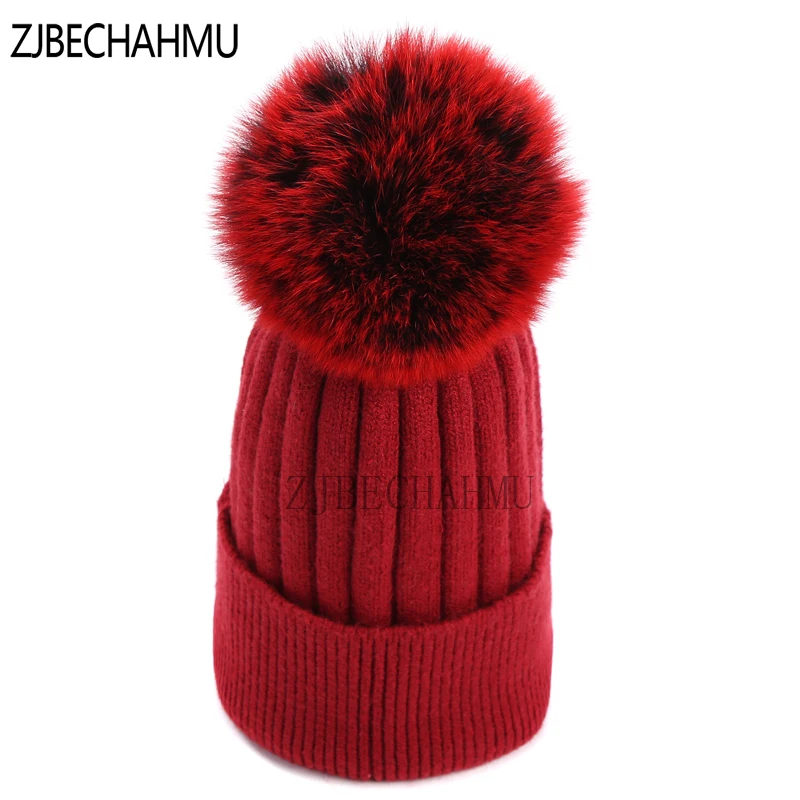 

Fashion Real Fox Fur Raccoon Pompoms 15cm Hats For Women Girl Winter Hat Solid Wool Rabbit Skullies Beanies Hat 2018 New Brand