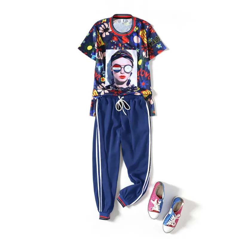 

Summer fashion suit women's new large size was thin loose printing T-shirt casual nine pants two sets 2piece set women