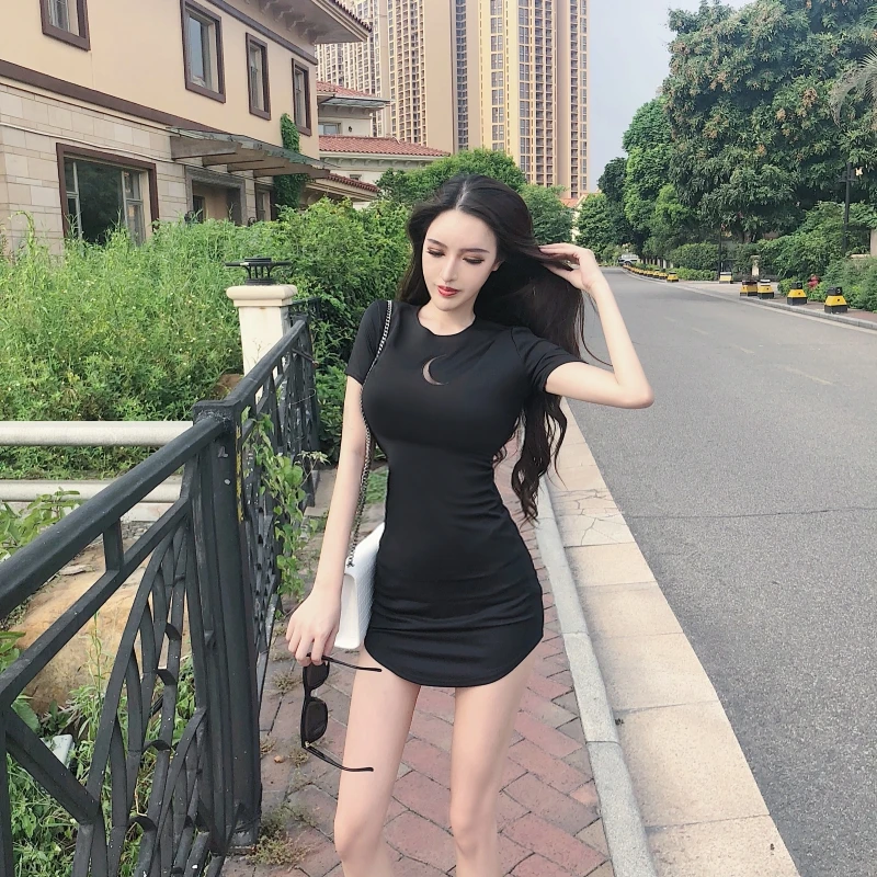 

Summer Sexy fashion Black Short Sleeve bodycon dress Round collar slim Moon high waist bottom wrapped hip dresses 2019