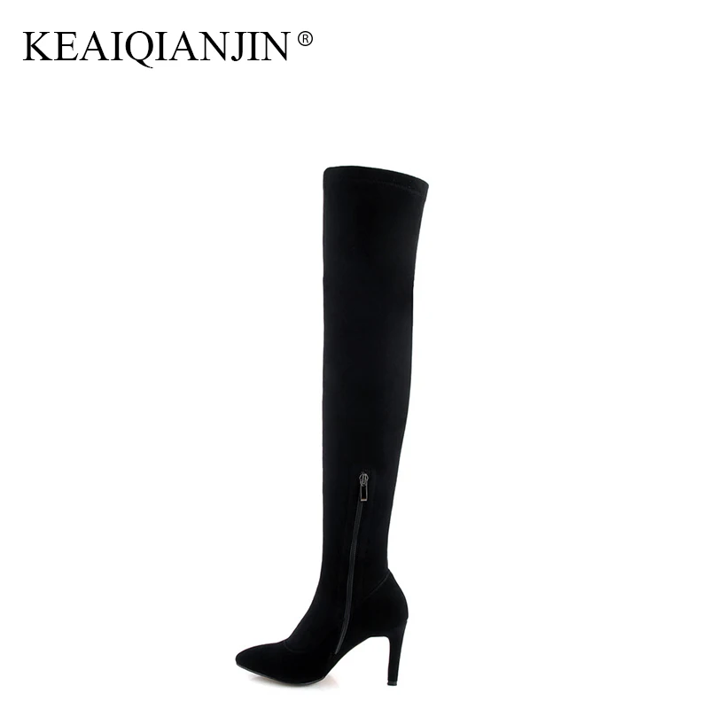 

KEAIQIANJIN Woman Pointed Toe Over The Knee Boots Plus Size 34 43 Autumn Winter Shoes Black Genuine Leather Knee High Boots