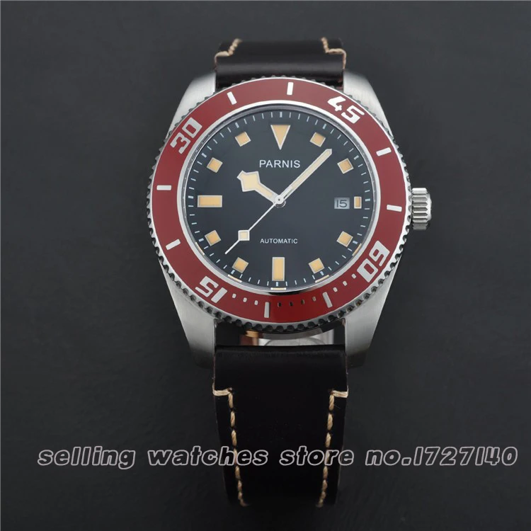 43mm Parnis Stainless Steel Case Black Dial Red Bezel Auto Mens Watch 496