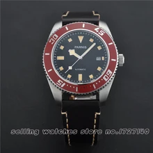 43mm Parnis Stainless Steel Case Black Dial Red Bezel Auto Mens Watch 496