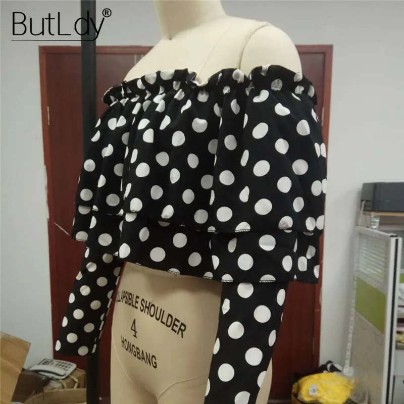  Ruffles Polka Dot Short Shirt Women Sexy Off Shoulder Strapless Crop Tops and Blouses Summer 2019 L