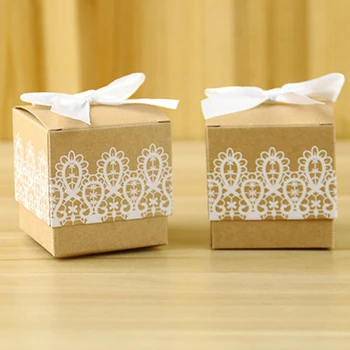 

50 PCs VintageLace Gift Box with Ribbon Wedding Favors And Gifts Party Decorations Lovely gift bag Kraft Party Favors Boxes