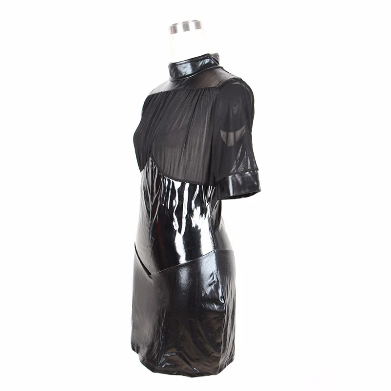Plus Size Sexy Turtleneck Mesh Transparent Wrapped Dress Fantasias Erotic Wetlook Vinyl Leather Club Kleid Nightdress Robe Femme (3)