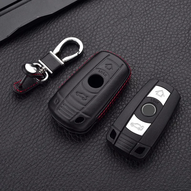 Кожаный чехол для автомобильных ключей, чехол пульт дистанционного управления для BMW 1 3 5 6 7 серия X1 X5 X6 E90 E92 E93 смарт-пульт дистанционного управления автомобилем брелок для ключей с цепочкой для ключей - Название цвета: black