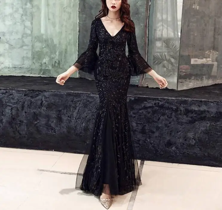 

Celebrity Party Sequin Dress High Quality Sexy Flare Sleeve Elegant Night Club Bodycon Evening Party Long Dresses
