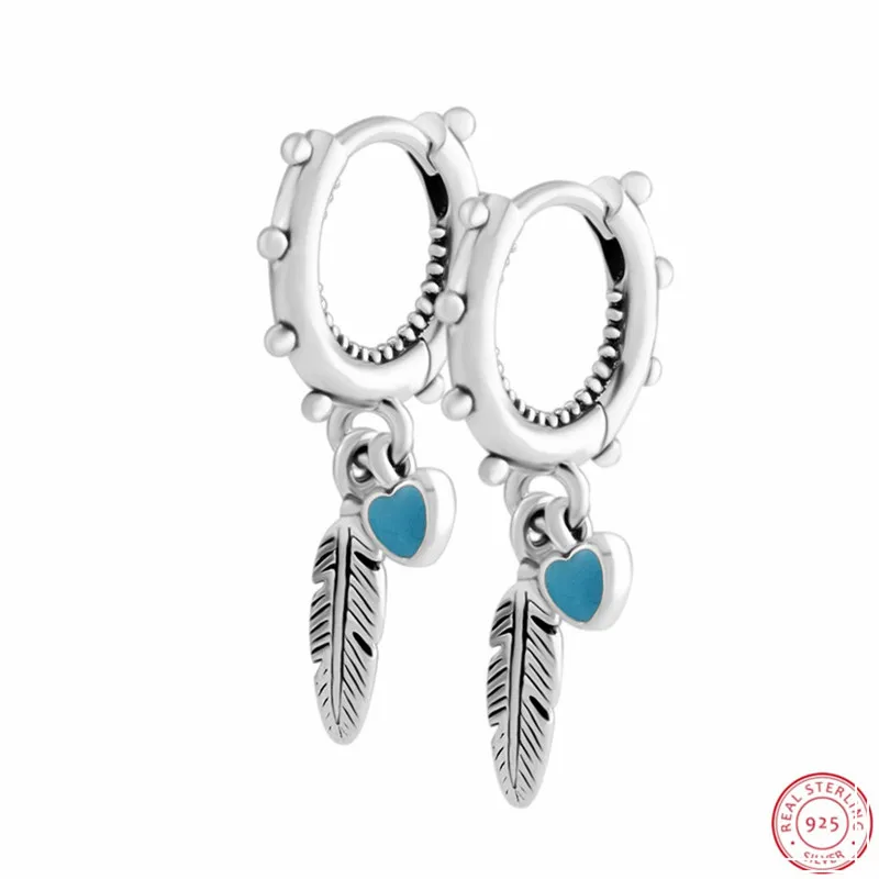 

Bohemian-Inspired Turquoise Enamel Heart Spiritual Feathers Drop Earrings for Women in Real 925 Sterling Silver Wholesale FLE129
