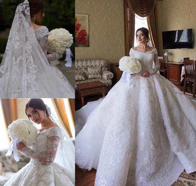 

2019 Princess Luxury Full Lace Wedding Dress African Saudi Arabic Dubai Long Sleeve Church Formal Bride Bridal Gown Plus Size