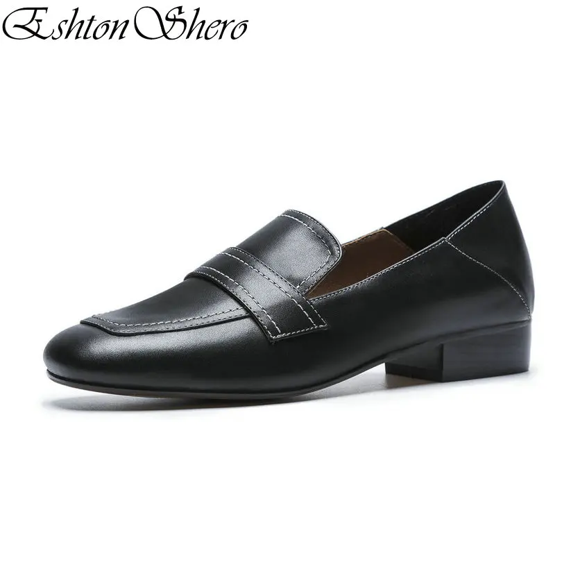 

EshtonShero Women's Shoes Flats Leather+PU Flat Heel Summer Slip On Elegant Round Toe Apricot Ladies Loafers Shoes Size 34-40