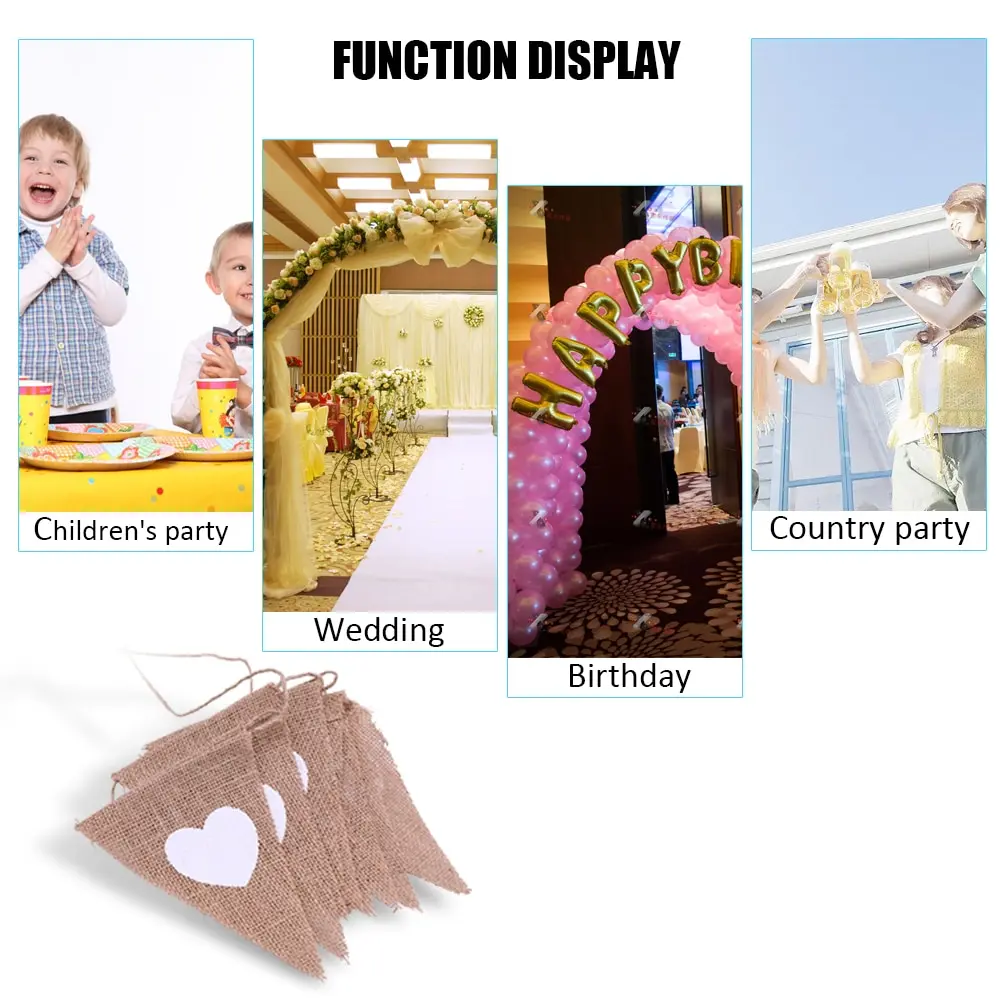 

13pcs Wedding Decoration Flax Flag Banner Heart Flag Linen Cloth Banners Wreath of Jute Rope Anniversary Party Banners