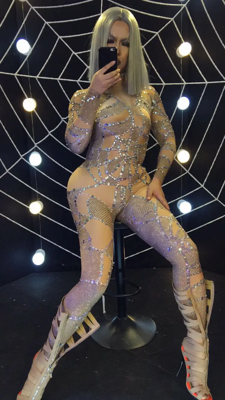 

Хэллоуин мигающий Стразы трико-комбинезон с кристаллами женский певец бар клуб DJ эластичное боди праздничное шоу