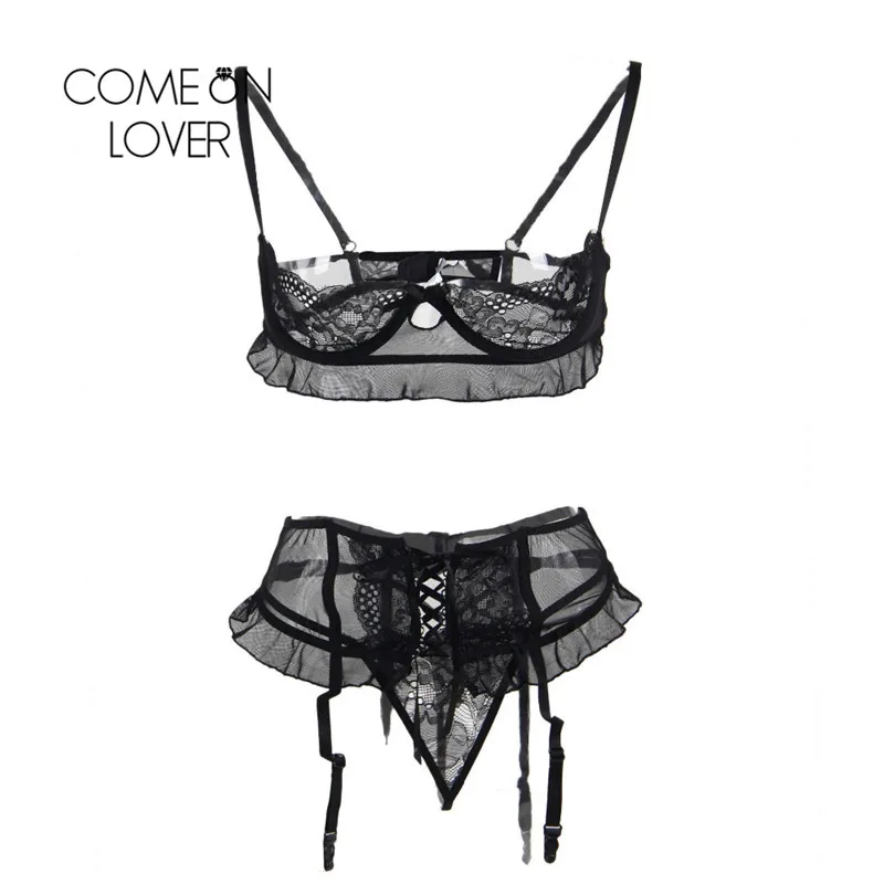 Comeonlover Sexy Bra Open Cup Set Black Plus Size Jartiyer Sexy Set 3 Pieces Steel Ring Lingerie Set Garter lenceria RE80512