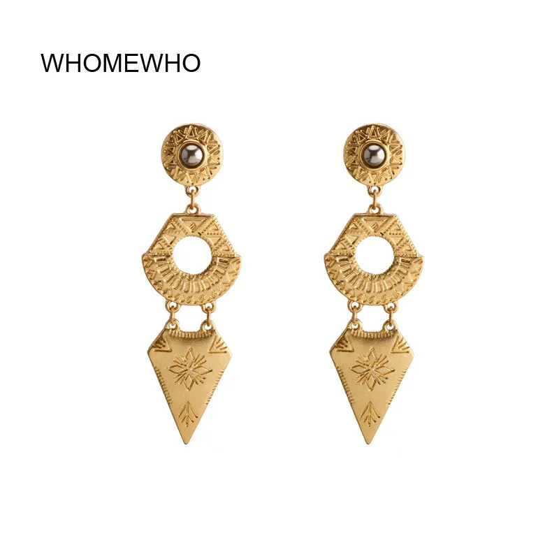 

Matte Gold Metallic Tribal Engraved Patterns Flower Arrowhead Triangle Minimalist Drop Earrings Fashion Korean Chic Ear Jewelry