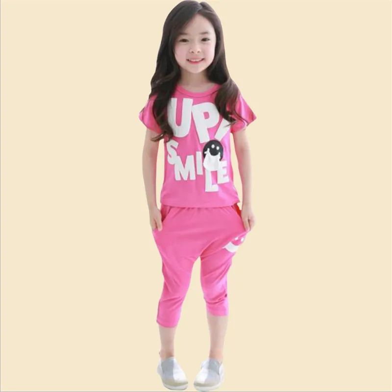 

Wholesale Girls Summer Clothing Set Children's Clothing O-neck Short Sleeve Letters Printed 7/10 Harem Pants Two Pieces Suits