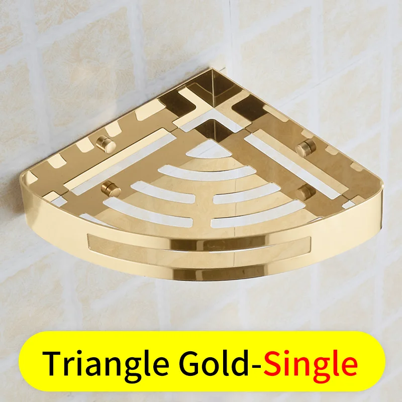 Gold-Single Полка для ванной комнаты, органайзер, черная угловая полка из нержавеющей стали, держатель, полки для ванной комнаты, настенная стойка для душа, держатель для шампуня - Цвет: Gold-Single