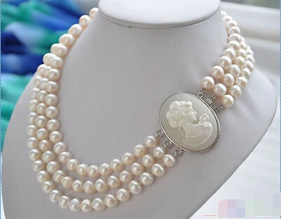 

Women Gift word Love real jewelry real jewelry@@@@@ P4052 3row 19" 10mm WHITE ROUND FRESHWATER PEARL NECKLACE