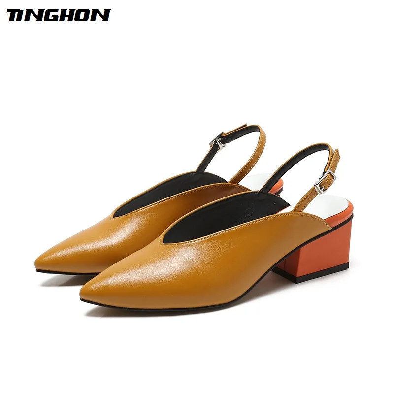 

TINGHON Spring Summer V Cut Lady Female Fashion Pointed Toe Dress Shoe Ladies Summer Women High Heel Sandals Chunky Heels