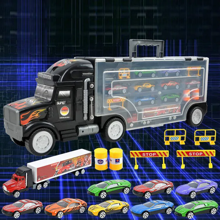 

Diecast Car Truck Set Children's Medium Portable Container Truck Toy Storage Belt Alloy Car Roadblock Model Toy Speed Wheels