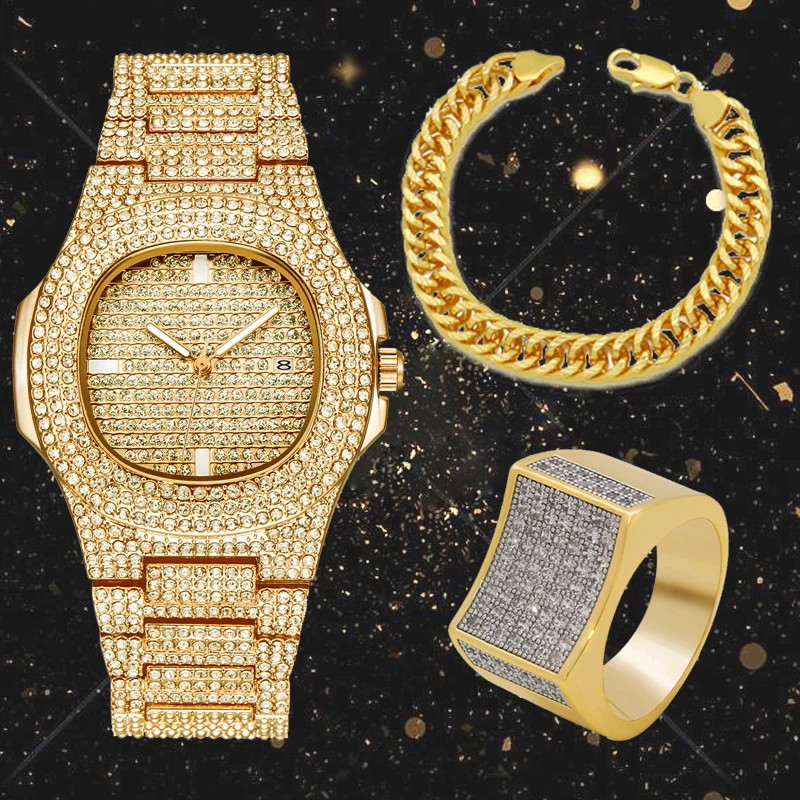 

Lureen 3pcs Full Crystal Gold Quartz Watch Cuban Chian Bracelet Ring Men Combo Set Jewelry Party Gift W0001
