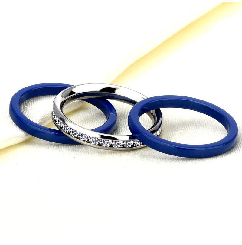 3 шт./компл., голубые керамические кольца Нержавеющая сталь Керамика три линии свадебные кольца с кристаллом аксессуары с цирконием, ювелирное изделие