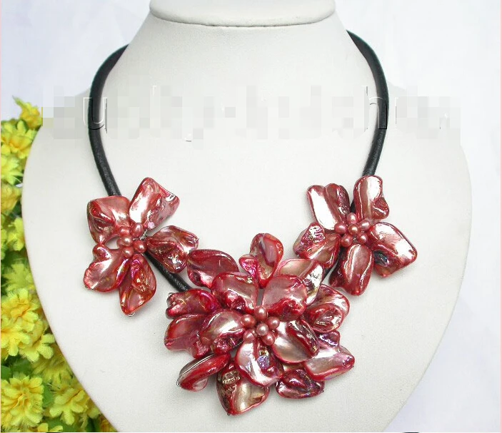 

hot& Genuine Handmade bloom red pearl seashell choker leather necklace j7461@^Noble style Natural Fine jewe FREE SHIPPING