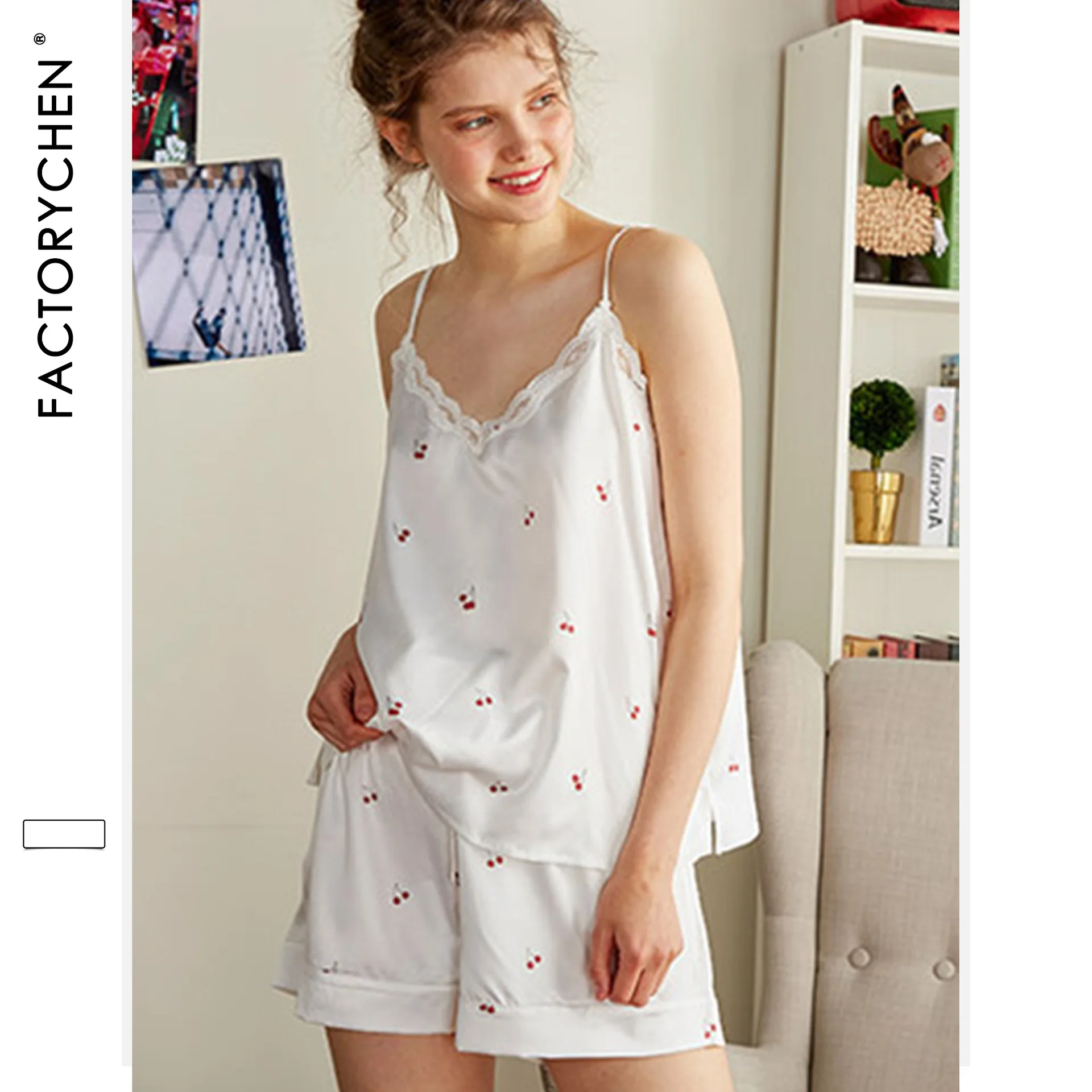 New summer cute little sweet cherry girl pajamas emulation silk condole