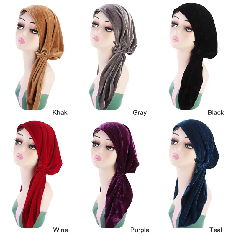 

Muslim Women Elastic Velvet Turban Hat Cancer Chemo Beanies Caps Pre-Tied Scarf Chemotherapy Headwear Hair Loss Accessories