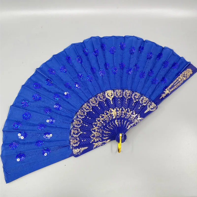 Китайский стиль вышивка резной веер пластиковые кости веер с пайетками реквизит для сцены аксессуары для танцев украшения дома 1 шт - Цвет: royal blue