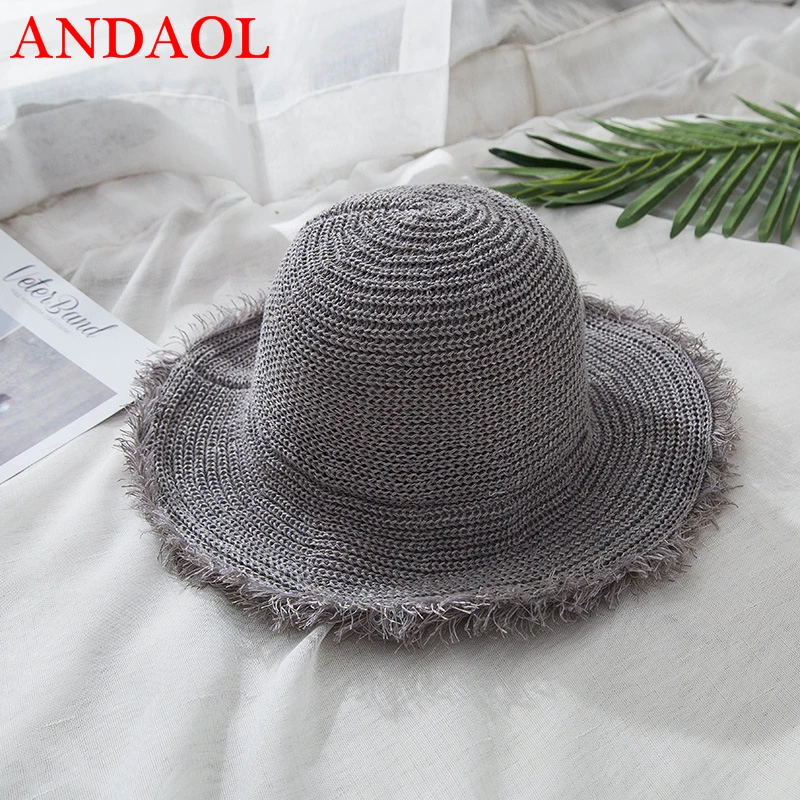 

ANDAOL Summer Female Casual Hat Top Quality Solid Straw Sun Hat Simple Natural Outdoor Travel Sunscreen Wild Fisherman Hat