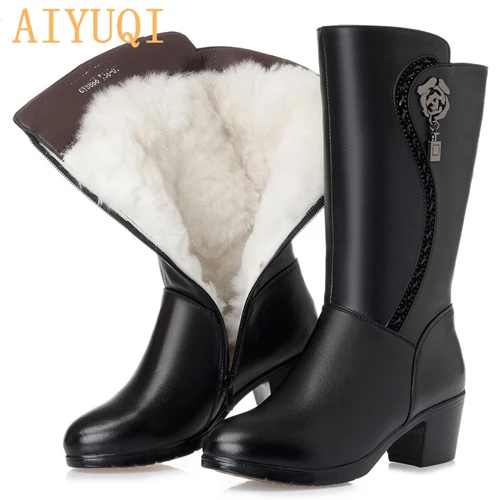 AIYUQI; Новинка года; женские шерстяные ботинки из натуральной кожи; толстые теплые зимние ботинки; женские мотоботы; большие размеры 41, 42, 43 - Цвет: Microfiber Leather