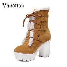 Lace up Bottes de Neige Femmes Confortable Cottom Carré Haut Talon Plate-Forme De Mode Chaud Chaussures D’hiver D’équitation