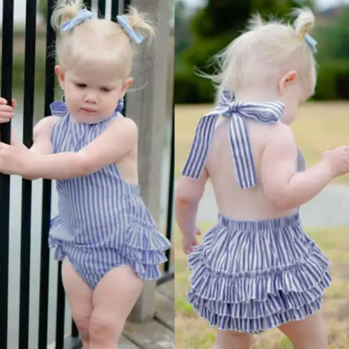 

Fashion design Toddler Kids Baby Girls Clothes Sleeveless Blue Stripe Dropped Bodysuits Casual Outfits toddler boy clothes