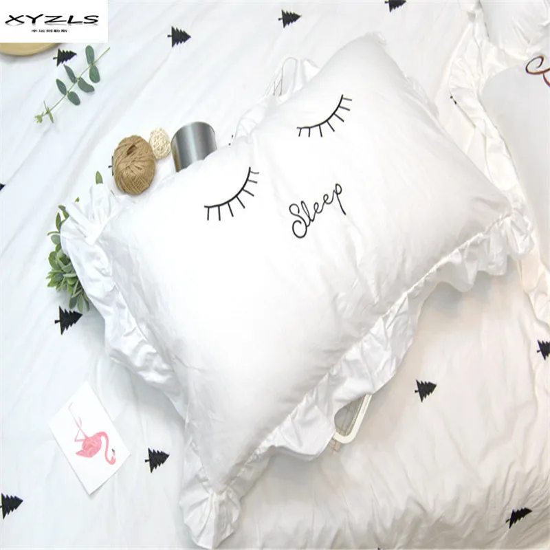 XYZLS Korean Style Solid Embroidered Pillowcase 100Cotton Ruffle