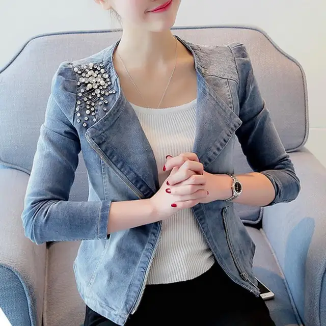 Women Denim Jackets Casual Slim Pearl Bead zipper Jeans Coat Femalein